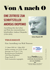 Einladungskarte Ausstellung Andreas Okopenko von Wolf Peterson im Bezirksmuseum Floridsdorf Wien 2026